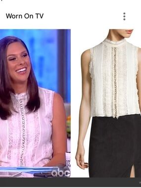 Alice + Olivia white silk embellished lace top featuring rhinestone detailing